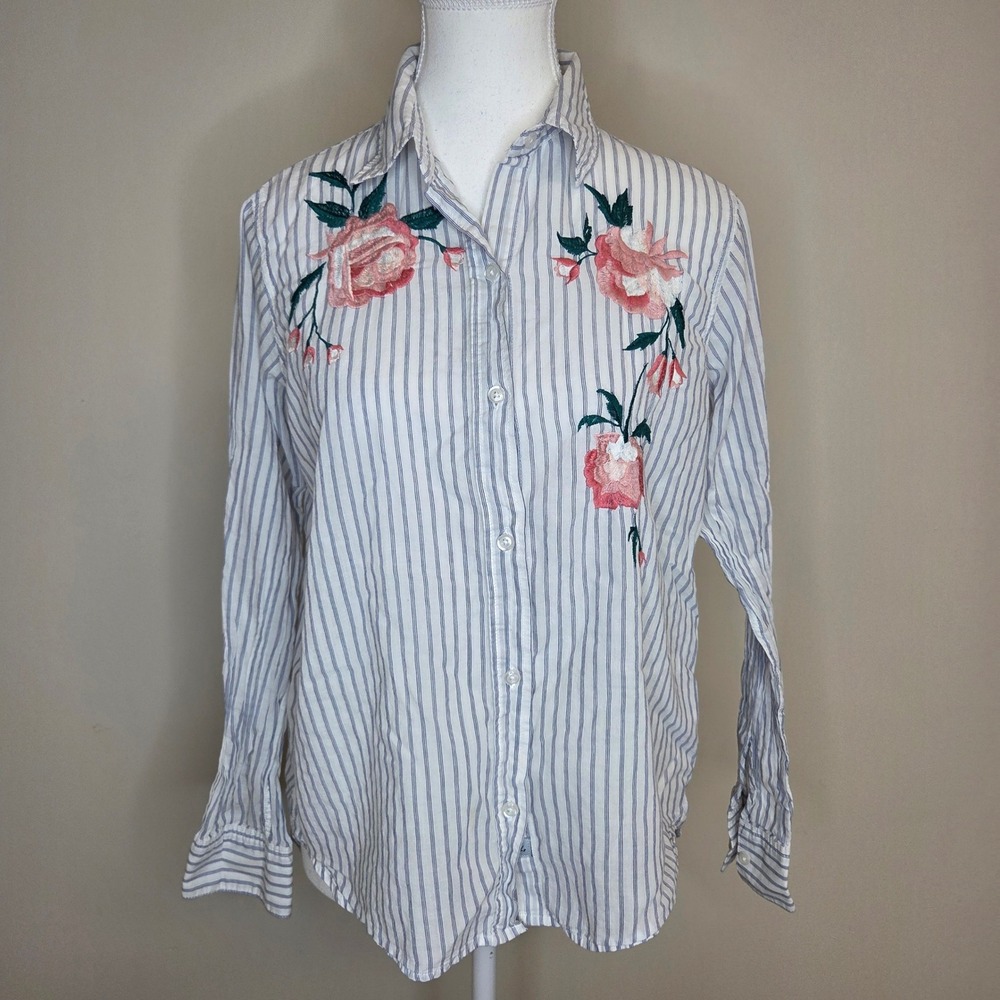 Rails Nevin Stripe Pink Floral Embroidered Cotton Button Down Shirt Blue White S